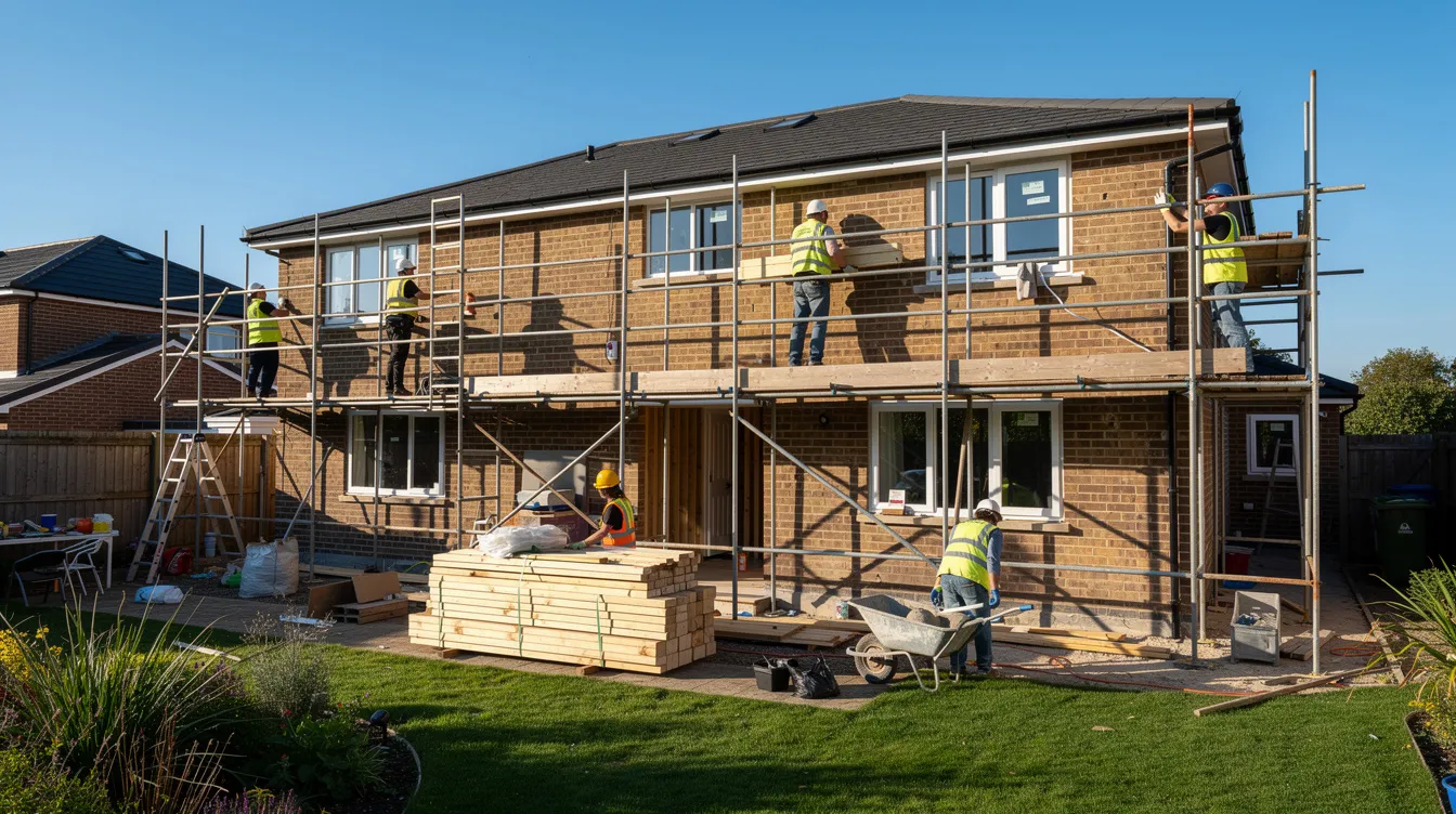 The image depicts a home extension under construction, featuring scaffolding and workers actively engaged in building on a bright, sunny day. This scene highlights the process of home improvements, which can potentially increase the value of your home and may lead to considerations around remortgaging for a better mortgage deal.