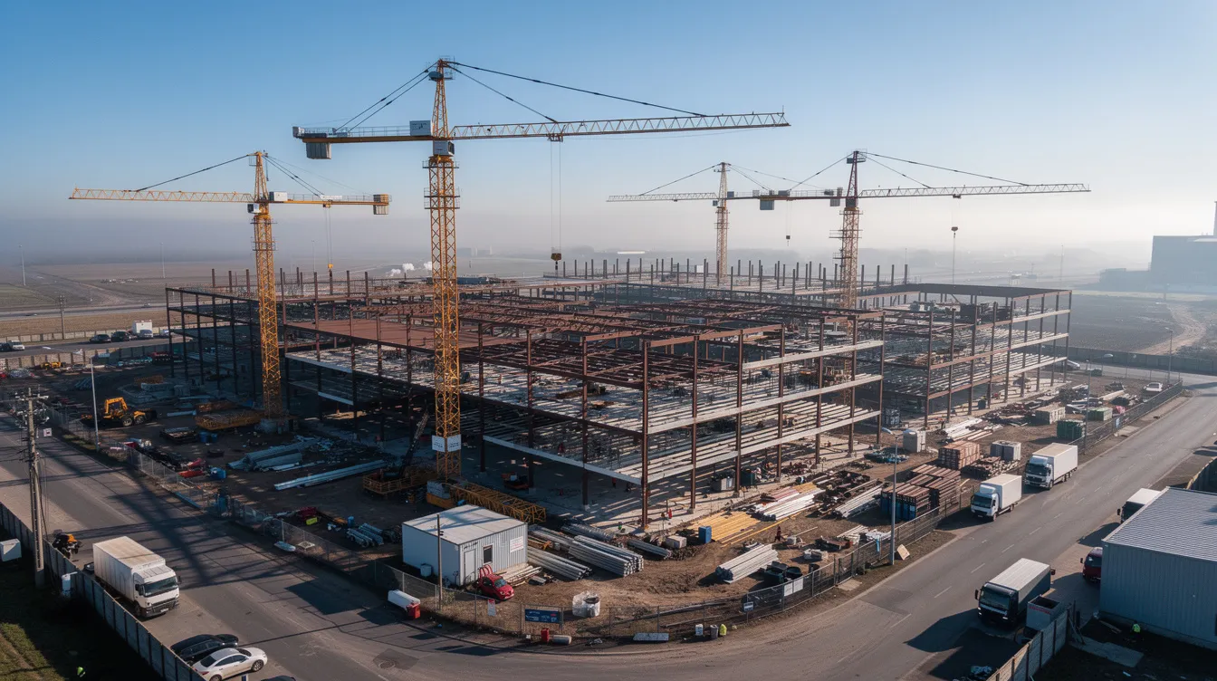 Aerial view of a large commercial construction site with cranes and structural steel.