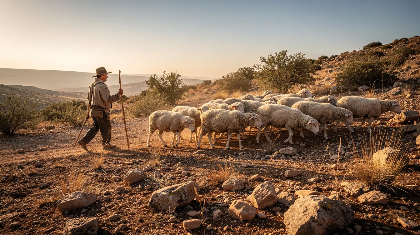 A lone shepherd, embodying the role of the good shepherd, walks across a rocky, sun-drenched hillside, gently leading his flock of sheep through the arid landscape. This imagery reflects the biblical significance of shepherds, symbolizing care and guidance, much like the Lord who is described as a shepherd to God's people.