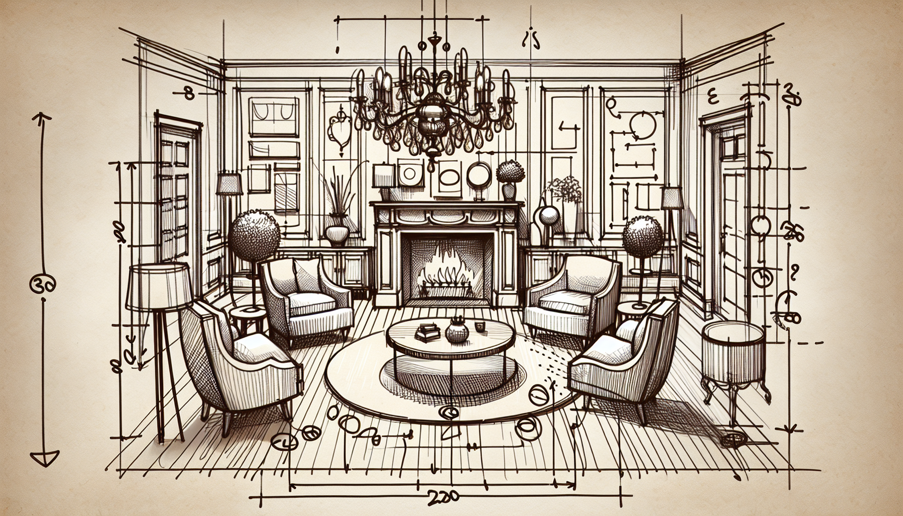 A room layout sketch with design principles annotations, fundamental for interior designers