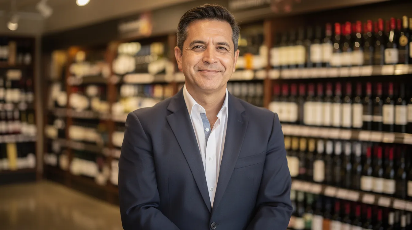 A confident small business owner stands in front of a blurred shelf filled with wine bottles, showcasing their success in the liquor store industry. The image captures the essence of entrepreneurship, emphasizing the owner's commitment to their business and the potential for financing options like SBA loans and term loans to support growth.