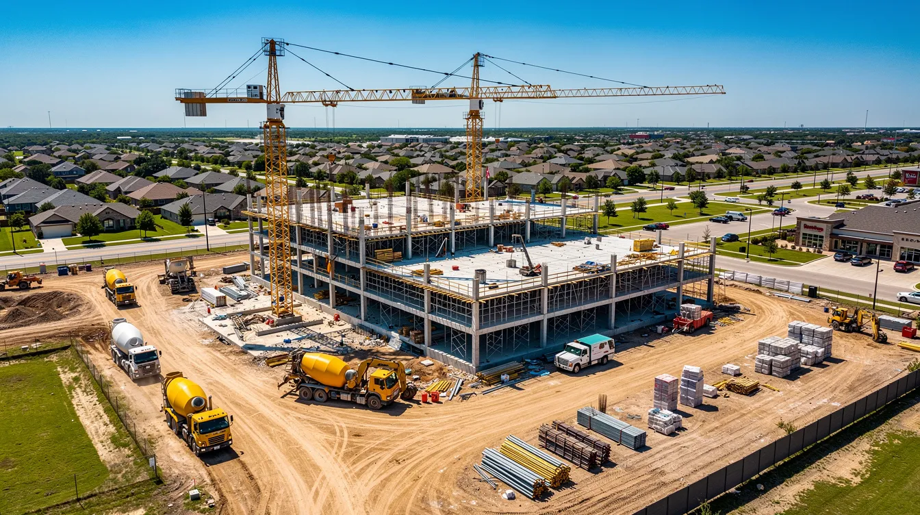 A wide aerial view captures an active commercial construction site in a Texas suburban area, featuring cranes and concrete structures under a clear blue sky, indicative of the high demand and growth in Texas construction, particularly in sectors like semiconductor manufacturing and data centers. The bustling site reflects the current trends and investment in the industry, showcasing the efforts of skilled trades and general contractors in expanding facilities.