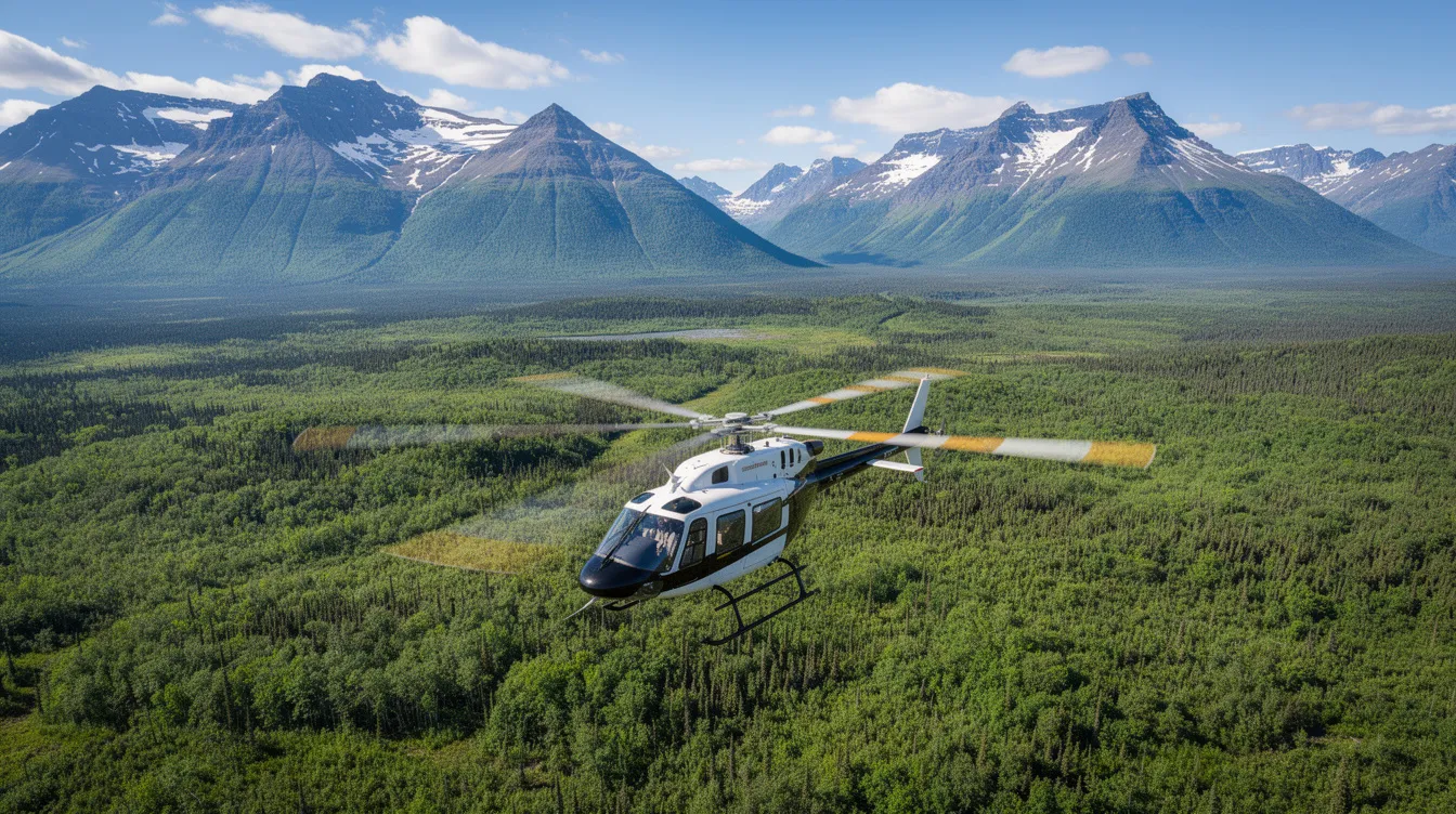 A helicopter hovers low over a lush green forest in Alaska, with majestic mountains rising in the background. This scene reflects the ongoing efforts of fire management and environmental conservation in the region, as the helicopter may be part of the fire service's response to wildland fires influenced by lightning strikes and fire weather conditions.