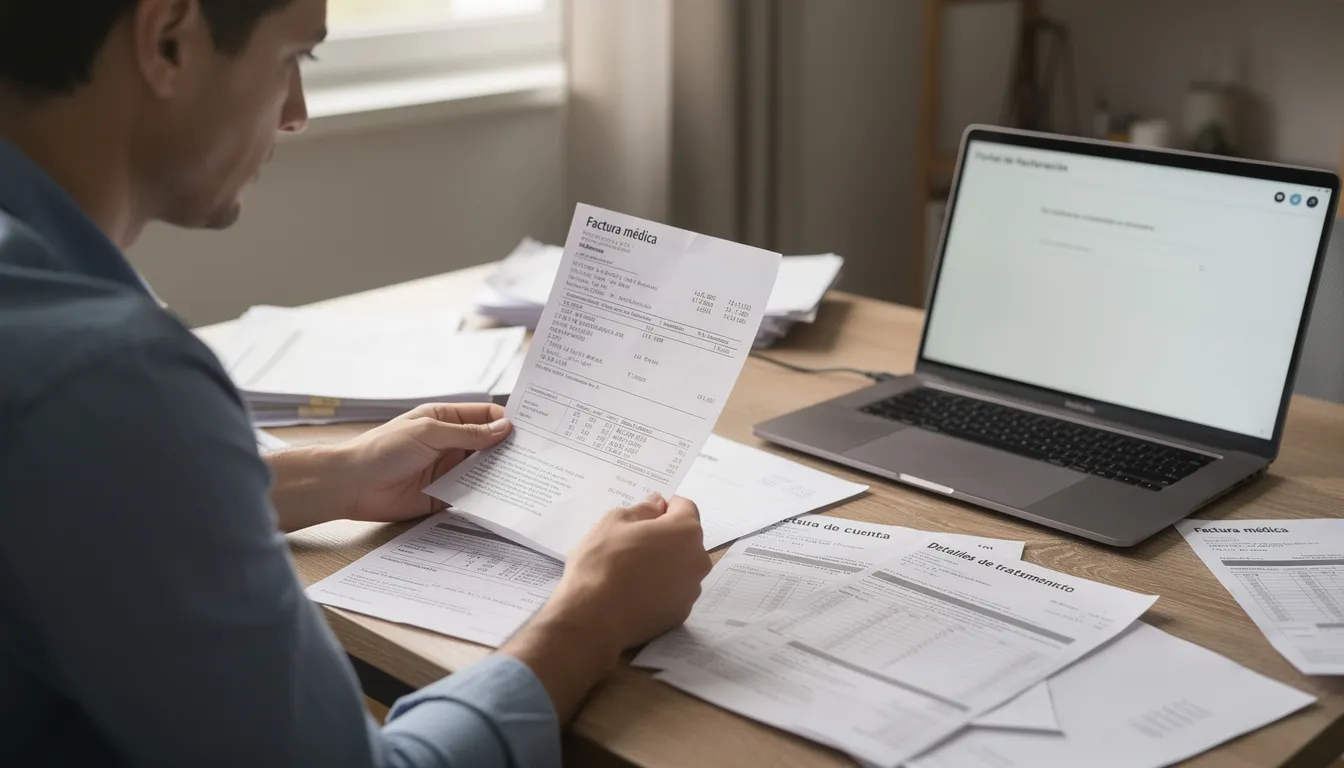 The image shows a person sitting at a desk, carefully reviewing medical documents and invoices related to an accident. This task is often crucial for victims of car accidents in Houston, as they navigate the complexities of insurance claims and seek compensation for their injuries.