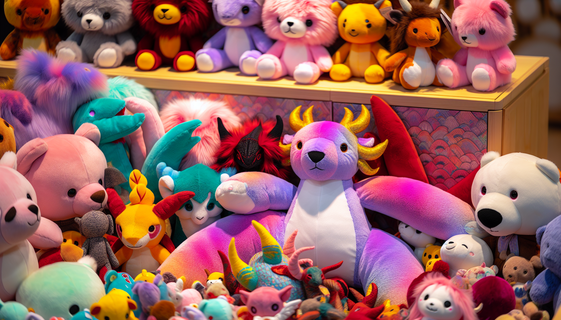 A variety of colorful and cuddly plush toys