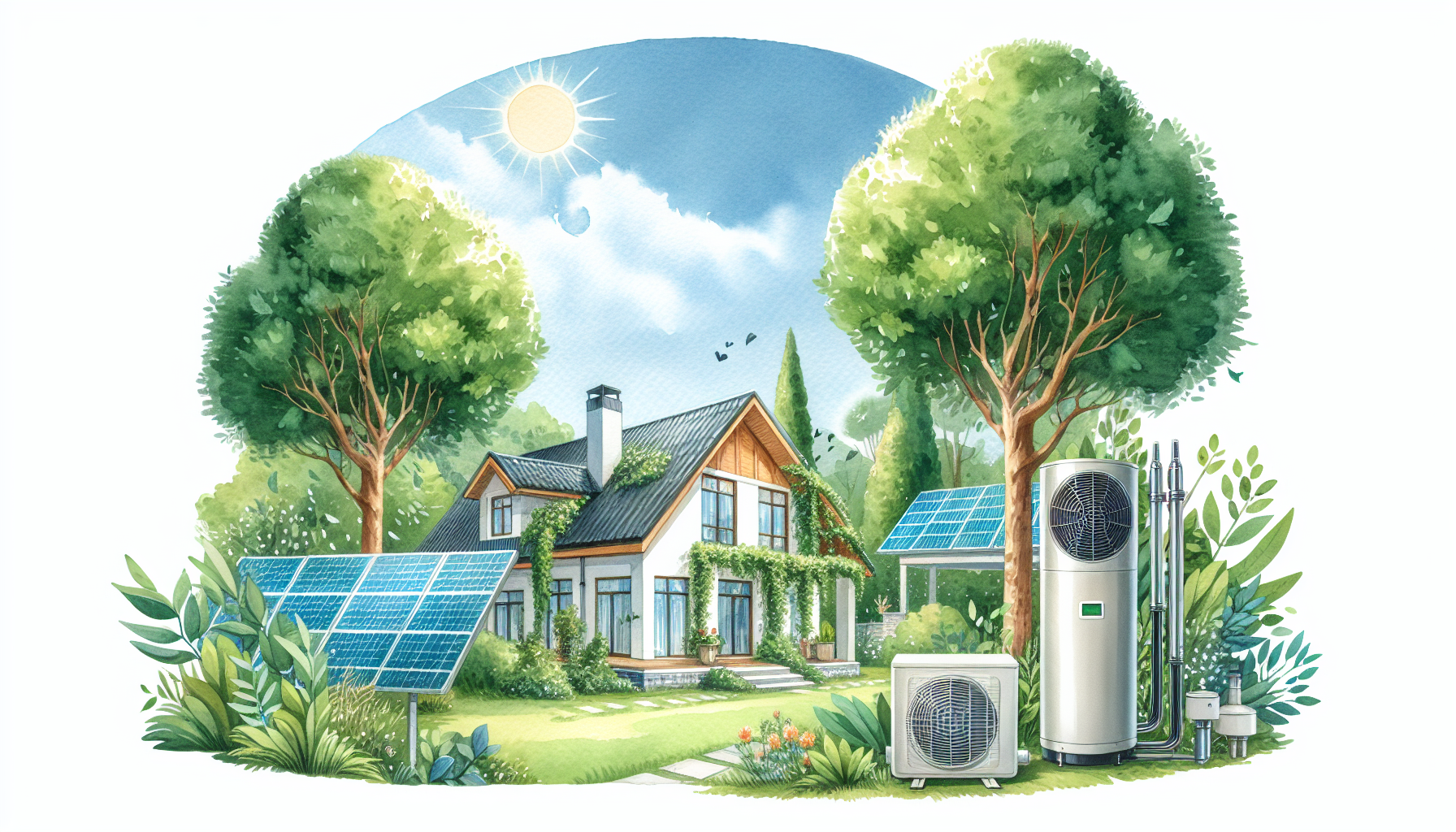 A watercolor painting depicting the environmental benefits of heat pumps.