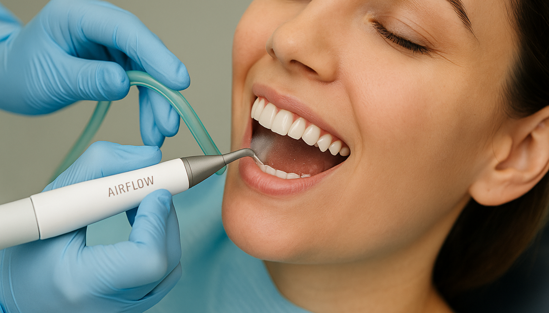 Kvinne får skånsom tannrens med AirFlow-apparat hos tannpleier, fokus på hvite tenner og blå hansker.