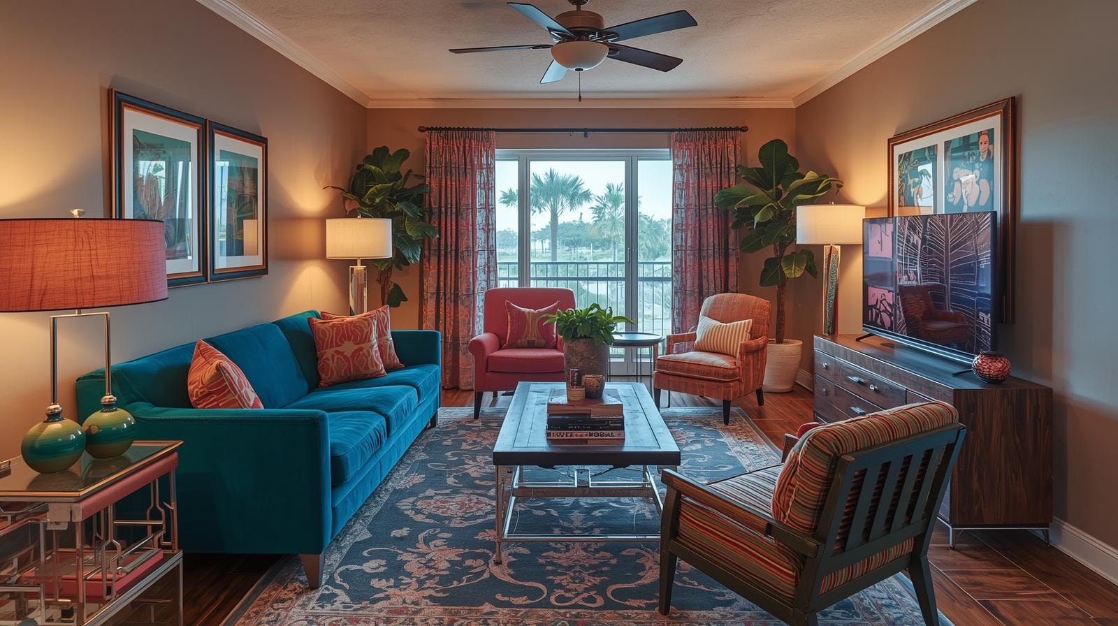 Bold and bright living room with a tv, and a layout that makes everything feel connected