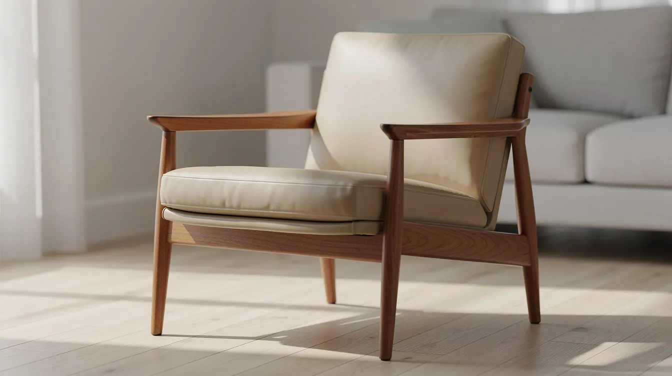 En klassisk retrofåtölj i ljust läder med teakstomme, som erbjuder en skön och lyxig sittplats. Fåtöljen har en modern design som passar perfekt i vardagsrummet och ger en känsla av komfort och stil.