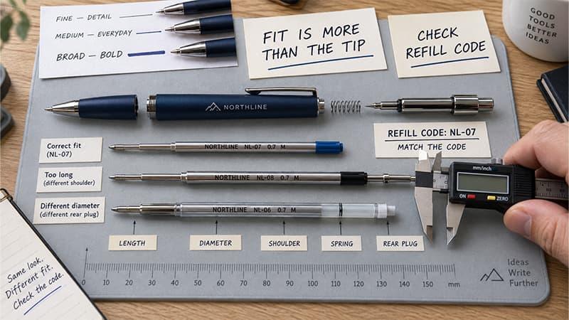 Fine, medium, and broad pen tips with disassembled pen parts and refills compared for size and compatibility.
