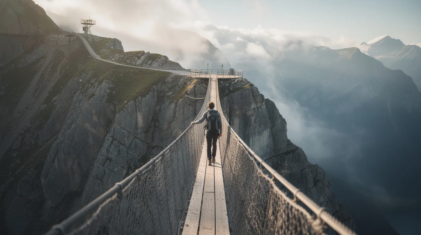 Une personne traverse un pont suspendu en montagne, symbolisant le passage hors de la zone de confort et le développement de la confiance en soi. Cette image évoque le chemin vers l'estime de soi et le bien-être dans la vie professionnelle.