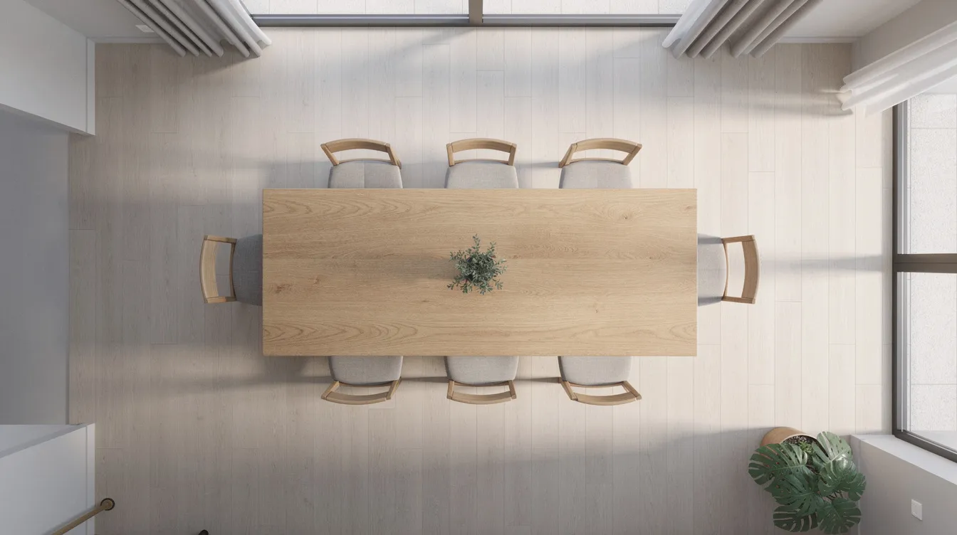 Bovenaanzicht van een eetkamer met een lange rechthoekige eettafel, geschikt voor 8 personen, omringd door voldoende loopruimte en eetkamerstoelen. De ruimte heeft een gezellige sfeer en biedt een ideale setting voor diners met vrienden en familie.