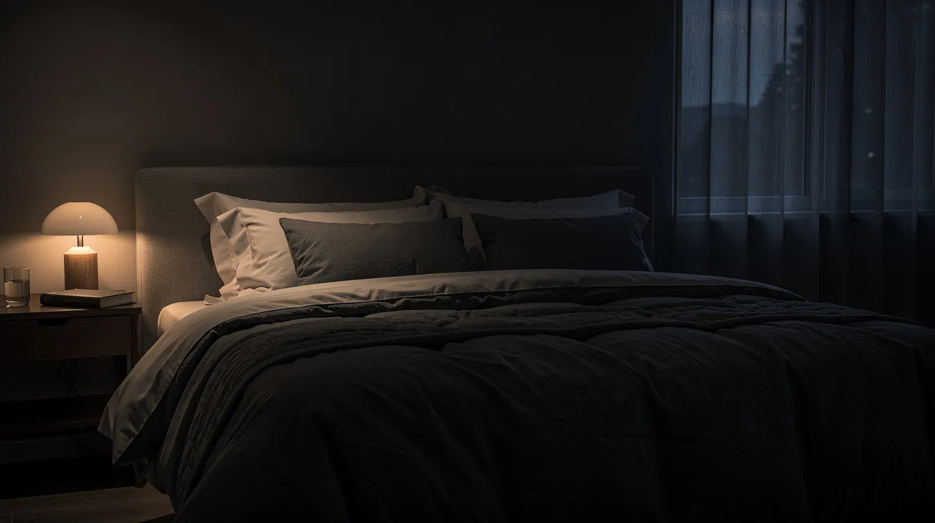 The image depicts a calm, dark bedroom featuring comfortable bedding and minimal light, creating an inviting atmosphere for a good night&rsquo;s sleep. This serene environment promotes healthy sleep habits and contributes to overall well-being and mental health.