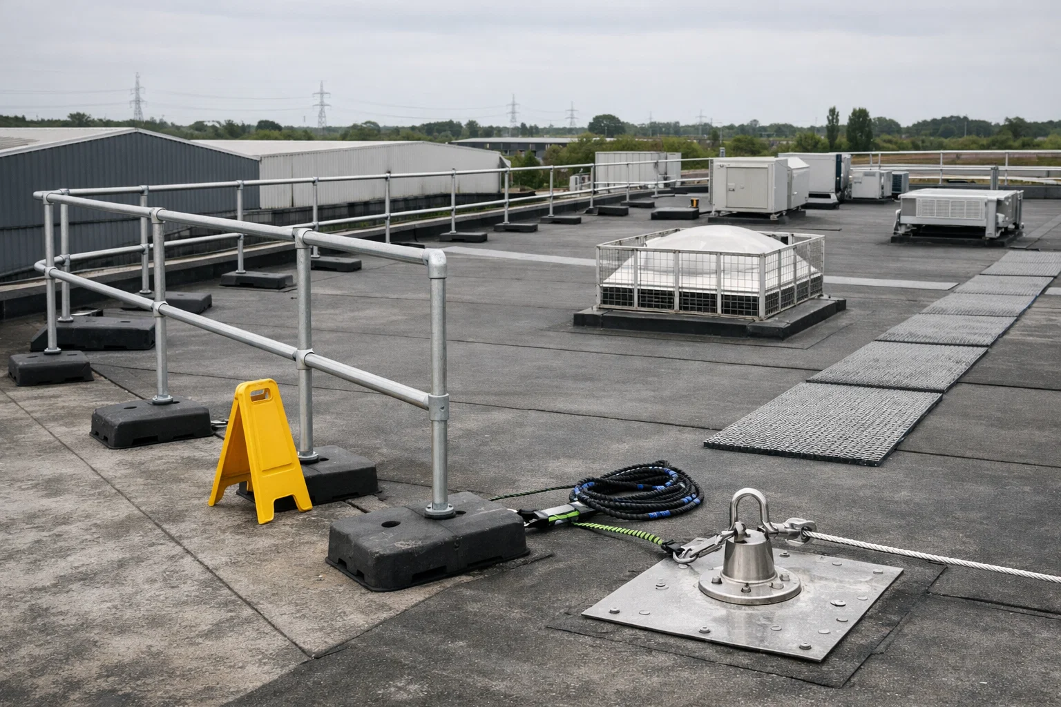 Safety systems in place on a commercial roofing project