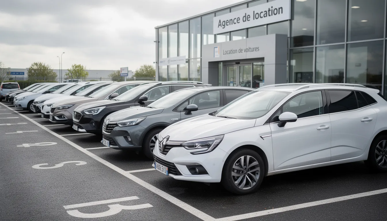 Une rangée de voitures de location variées, allant des modèles économiques aux véhicules haut de gamme, est stationnée dans un parking d'une agence professionnelle. Ce site de location de voiture offre un large choix pour répondre aux besoins des clients, que ce soit pour des vacances ou des déplacements professionnels.