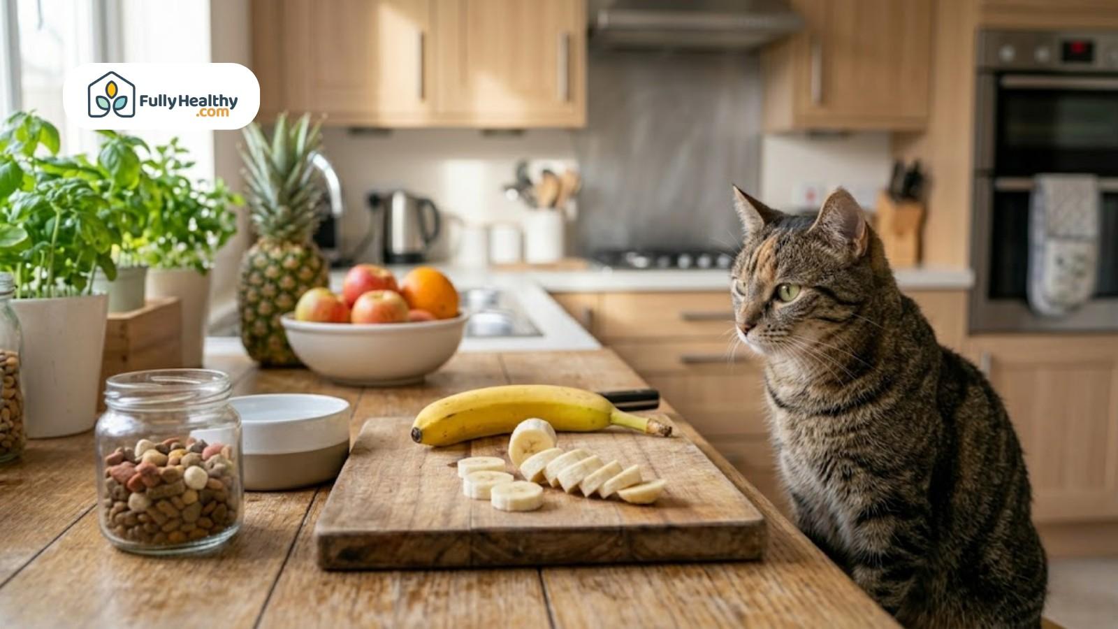 Tabby cat sitting near sliced bananas and pet food on kitchen counter