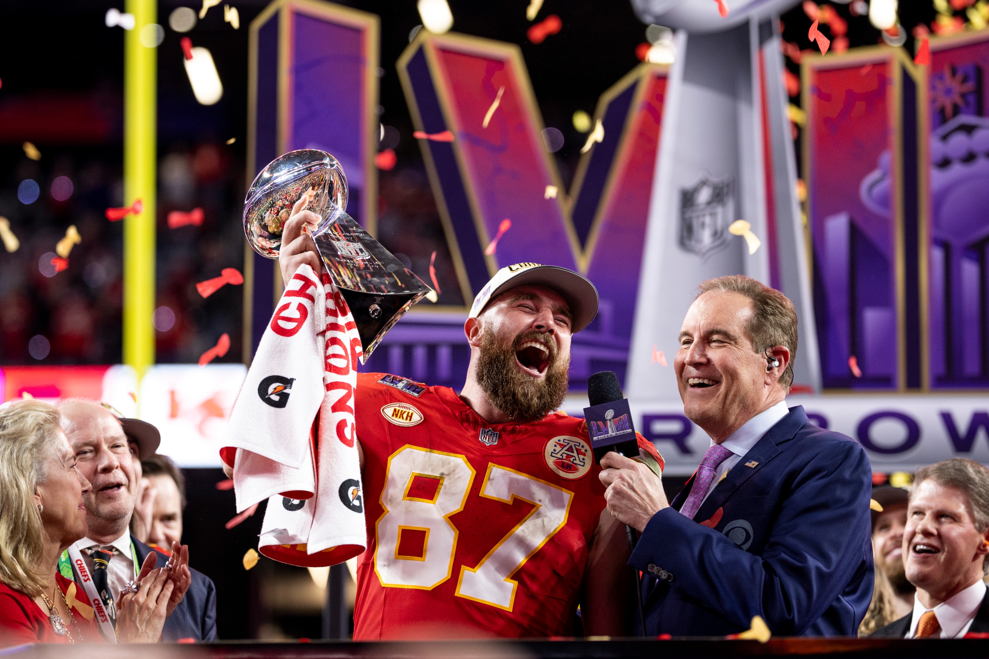 Travis Kelce of the Kansas City Chiefs celebrates with the Vince Lombardi Trophy following the NFL Super Bowl 58 between the San Francisco 49ers and the Kansas City Chiefs in Las Vegas, Nevada.