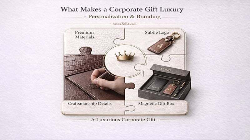Infographic puzzle showing what makes a corporate gift luxury, highlighting premium materials, subtle logo, craftsmanship details and a magnetic gift box
