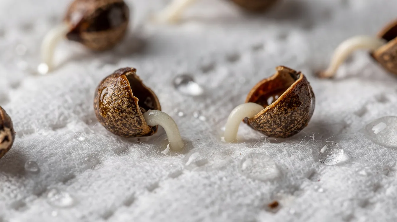 The image depicts cannabis seeds on a damp paper towel, with white taproots beginning to emerge, indicating the germination process. This method is commonly used by beginners to grow cannabis, as it helps ensure healthy plant growth before transferring the seeds to a growing medium.
