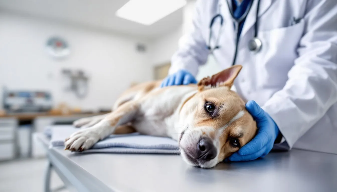 A veterinarian is gently examining a small dog on an examination table, ensuring its health and well-being. The scene highlights the importance of regular check-ups for dogs, which can include discussions about a dog