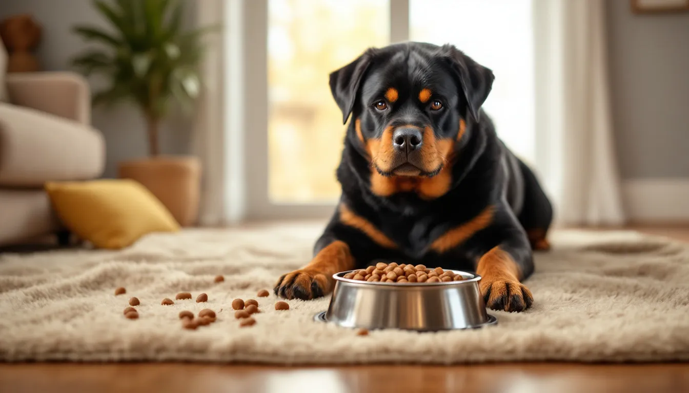 A Rottweiler dog is happily eating high-quality dog food from a stainless steel bowl, showcasing the breed's strong build and tan markings. This adult Rottweiler exemplifies the characteristics of intelligent and active dogs, enjoying a nutritious meal that contributes to its overall health and well-being.