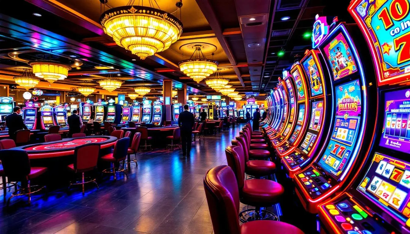 The image depicts a vibrant Vegas-style casino gaming setup featuring colorful slot machines and gaming tables, inviting players to engage in various casino games. This lively atmosphere reflects the excitement of online casino experiences, where users can start playing and enjoy a range of slot games and card games on a secure platform.