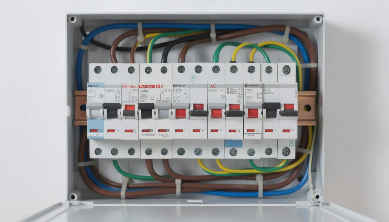 The image shows a close-up view of a residential electrical distribution board, featuring neatly organized circuit breakers. This setup highlights the importance of proper electrical installation and maintenance to ensure safety and prevent issues like overloaded circuits or faulty wiring.
