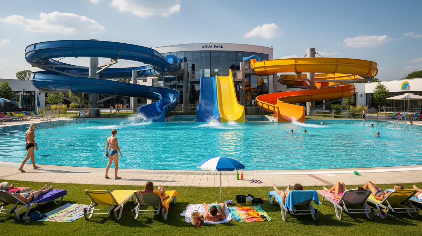 A imagem mostra o aquaparque de Cracóvia, um local moderno e divertido, ideal para famílias e turistas que visitam a cidade. Ao fundo, é possível ver as atrações aquáticas e o ambiente vibrante, refletindo a beleza e a cultura da Polônia.