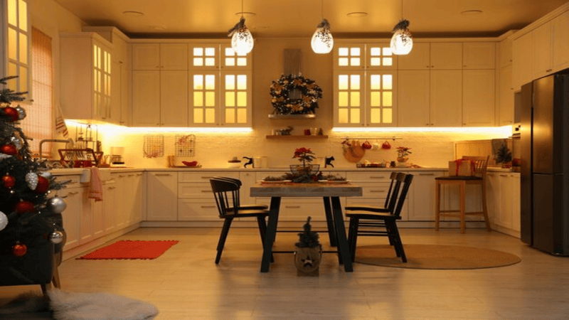 A kitchen with a large island with a light fixture hanging from the ceiling.