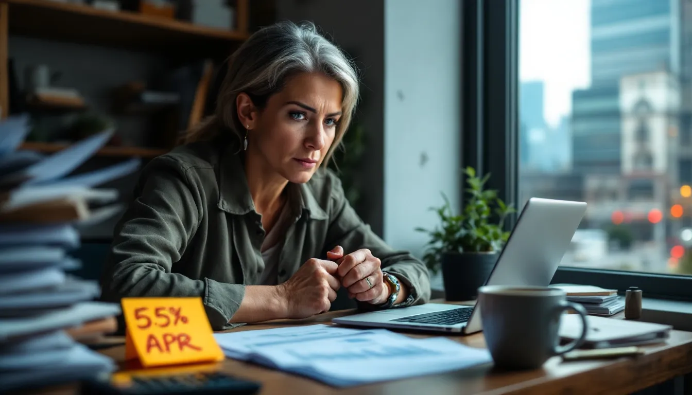 A small business owner sits at a desk, surrounded by financial documents, calculating the cost of debt to make a final decision on accepting a small business loan. The scene highlights the importance of understanding interest expenses and tax benefits in the company's capital structure. Interest coverage ratio.