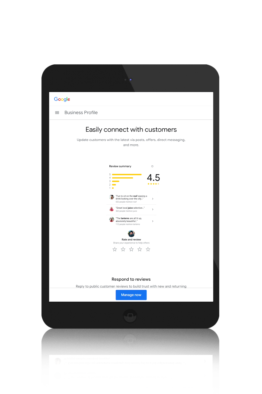 Image of an iPad displaying Google Review on a Google My Business page
