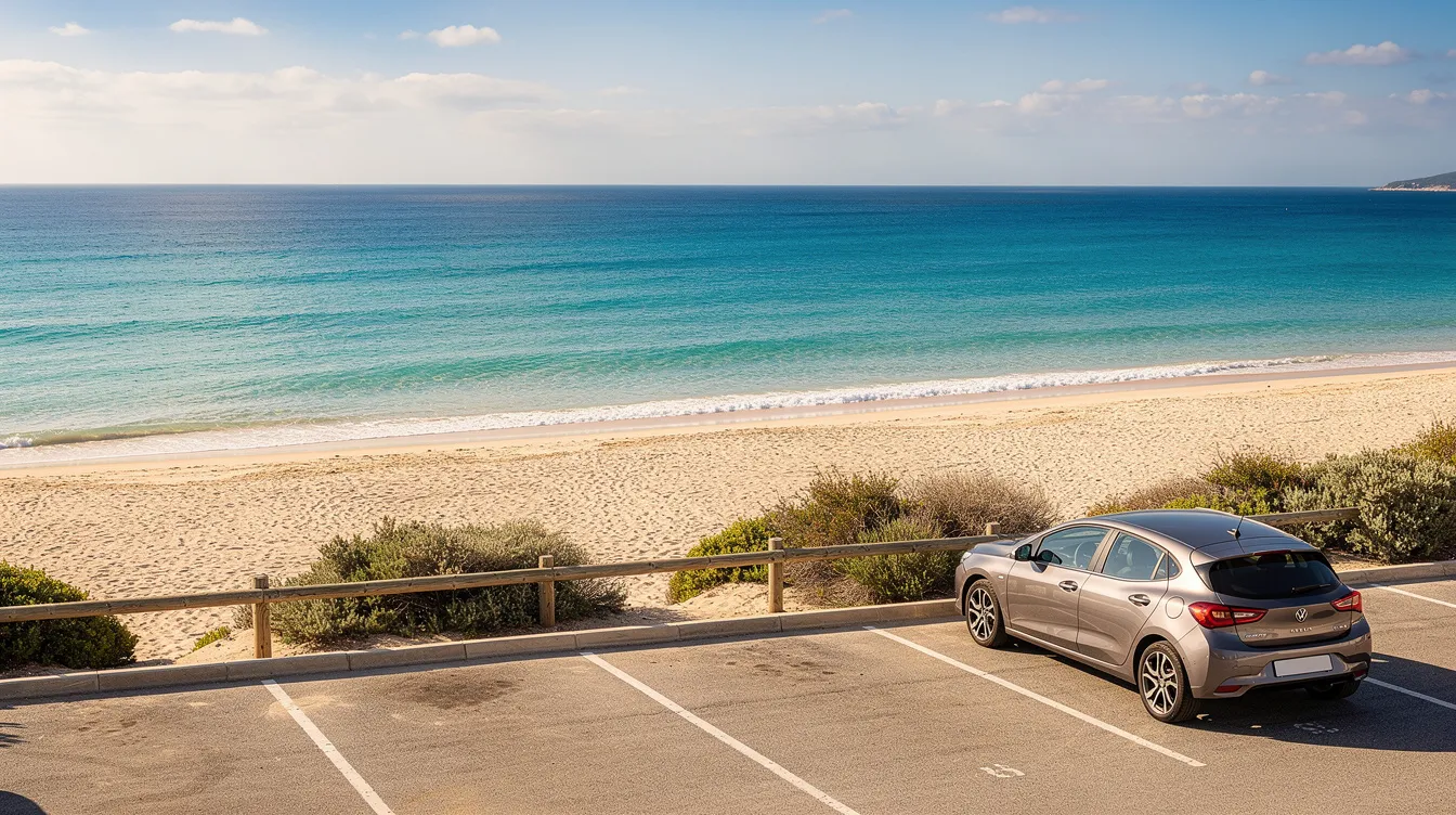Una spiaggia di sabbia fine con acqua turchese e un'auto compatta parcheggiata sul lungomare.