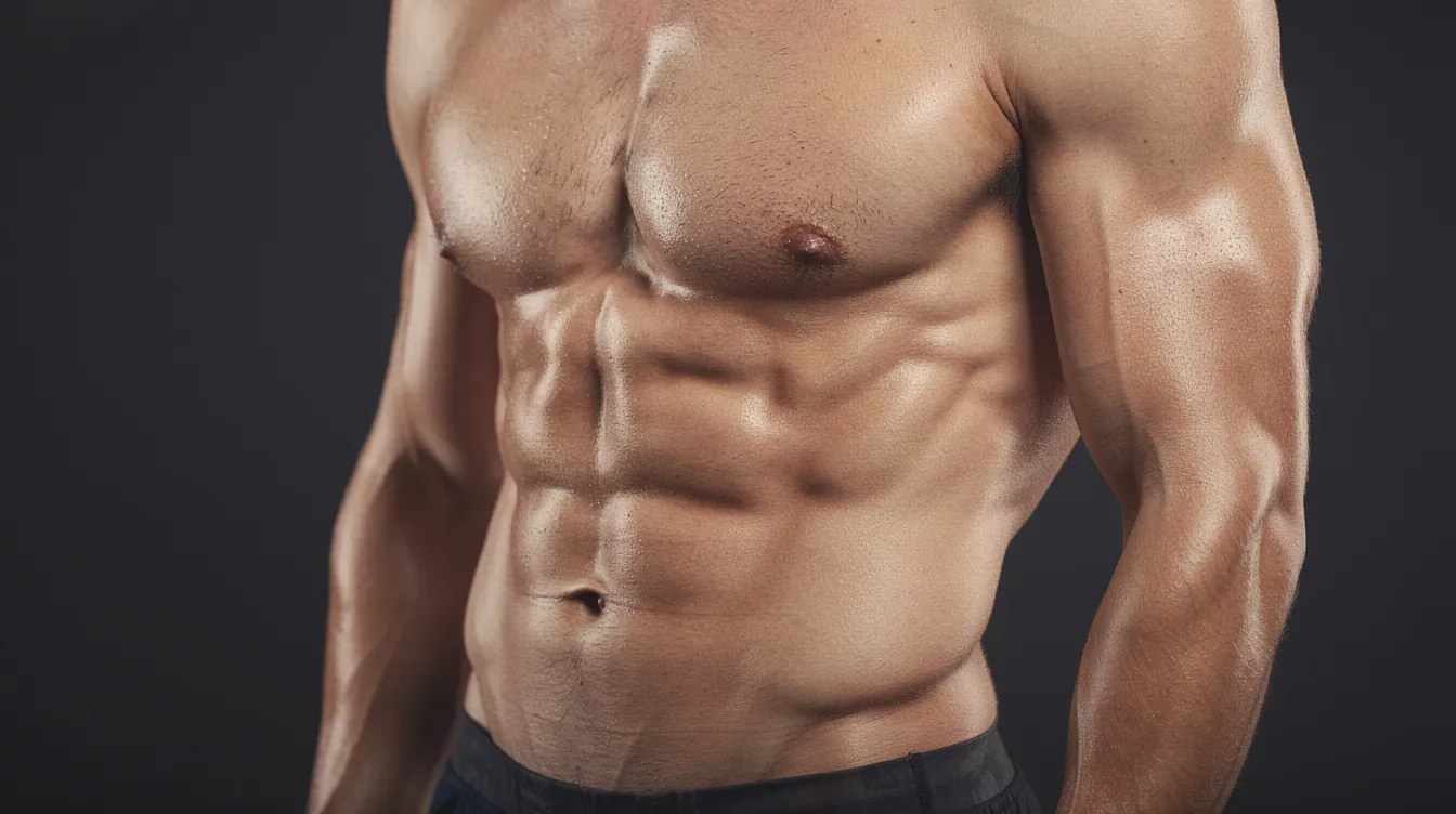 The image depicts an athletic male torso showcasing well-defined abdominal muscles illuminated by natural lighting, emphasizing his toned appearance and muscular definition. This visual highlights the results of body contouring procedures that enhance muscle definition and reduce unwanted fat for a more sculpted look.