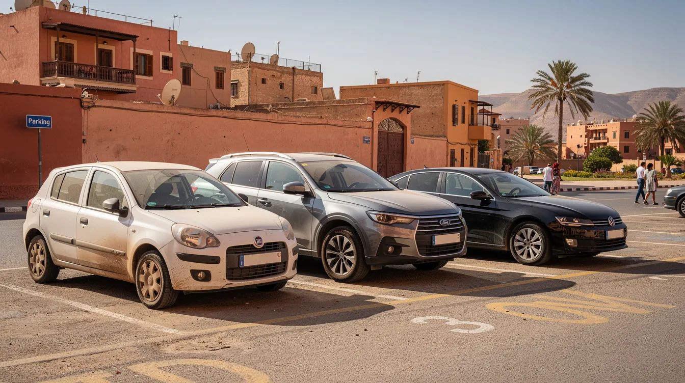 L'image montre un parking marocain avec plusieurs types de voitures alignées, incluant une petite citadine blanche, un SUV gris et une berline noire, illustrant la diversité des véhicules disponibles pour la location de voitures au Maroc. Ce parc automobile met en avant les options variées pour les clients souhaitant louer un véhicule.