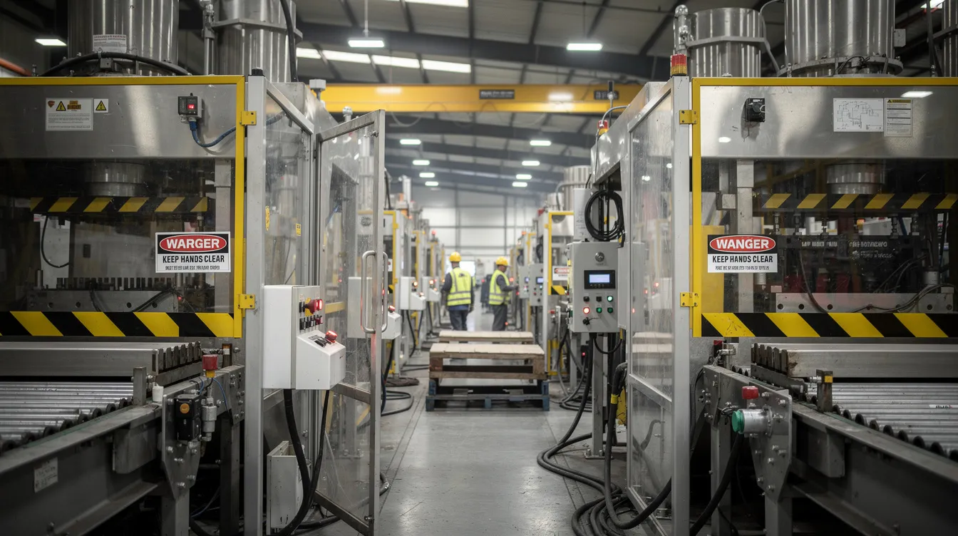 The image depicts heavy industrial machinery equipped with safety guards and prominently displayed warning labels in a factory environment, highlighting the importance of workplace safety. This setting serves as a reminder of the potential risks associated with industrial accidents, emphasizing the need for proper safety protocols to protect workers and prevent serious injuries.