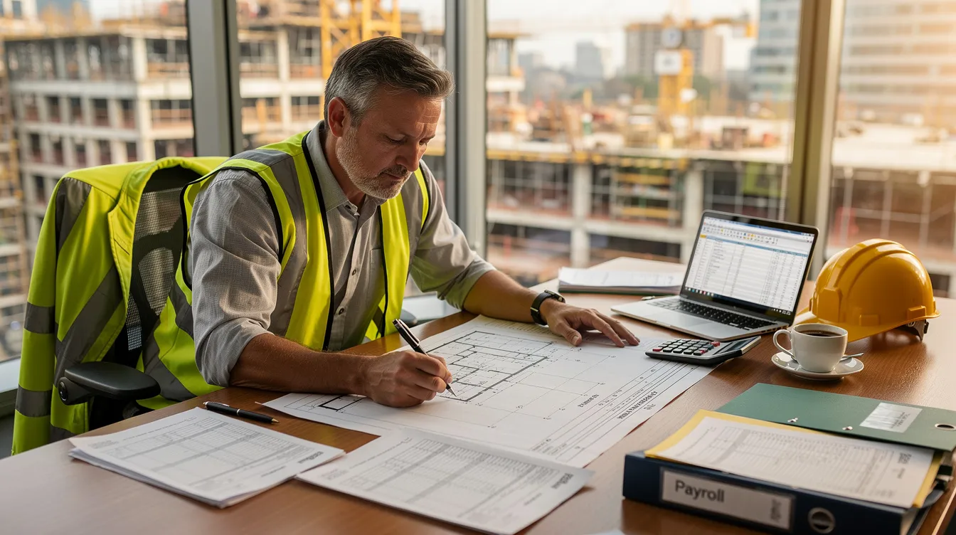 A contractor is seated at a desk, reviewing payroll documents and blueprints, which are spread out before him in an office setting. The scene highlights the importance of compliance with California's prevailing wage laws, as the contractor ensures that all payroll records meet the correct prevailing wage rates for the construction industry.
