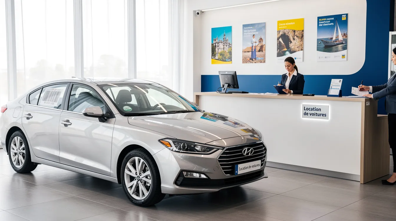 Une voiture de location est garée devant un comptoir d'agence où un agent effectue des vérifications. L'environnement évoque un service de location de voiture, avec des informations sur les frais administratifs et la gestion des contrats.