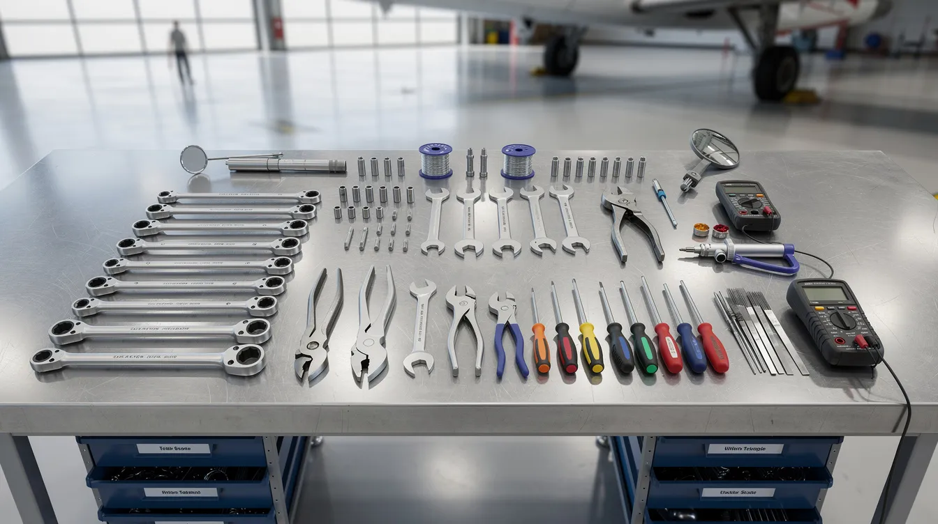 The image shows a clean hangar workbench neatly arranged with various aircraft maintenance tools, highlighting the essential equipment used in aviation maintenance. This setup is indicative of a professional environment where apprentices can gain hands-on experience as part of their aircraft mechanic apprenticeship program.