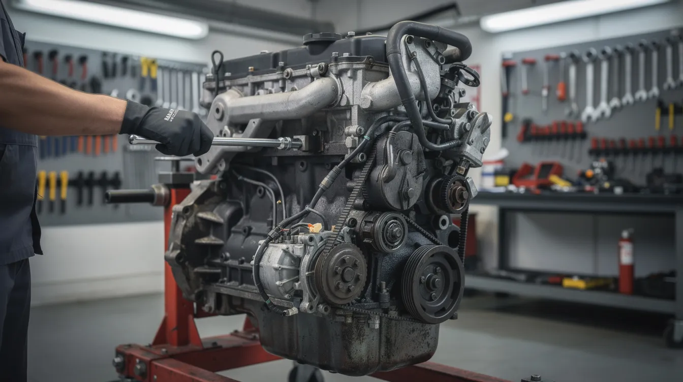 A compact diesel engine, specifically a Kubota D1703 engine, is being serviced in a workshop, surrounded by various spare parts and tools used for maintenance. The scene highlights the intricate details of the engine, showcasing its industrial machinery design and specifications.