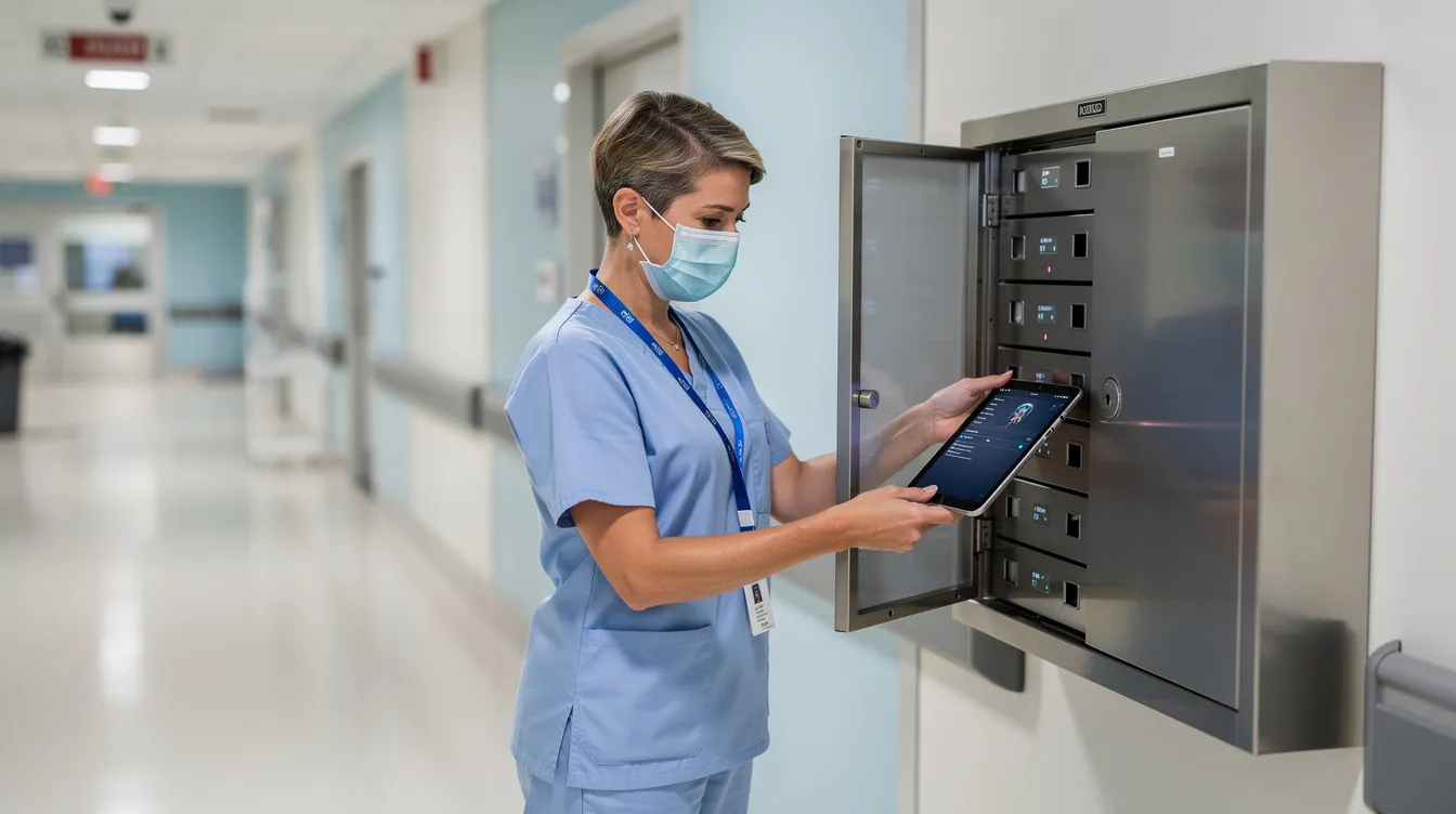 A hospital staff member is retrieving a tablet from a secure charging locker designed for efficient storage and management of multiple devices. This charging station ensures the safety and protection of equipment while providing fast charging capabilities to prevent battery damage.