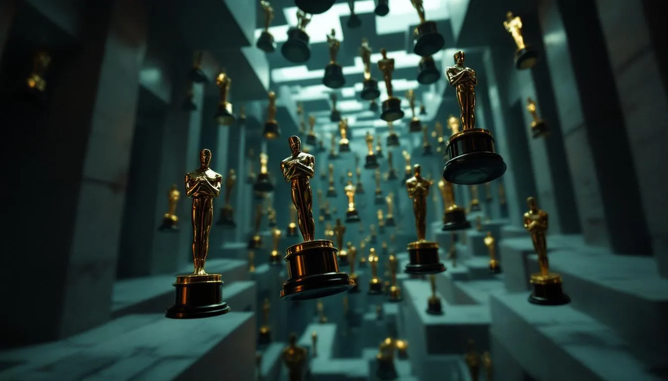 A collection of Academy Awards, symbolizing the recognition of Christopher Nolan's work.