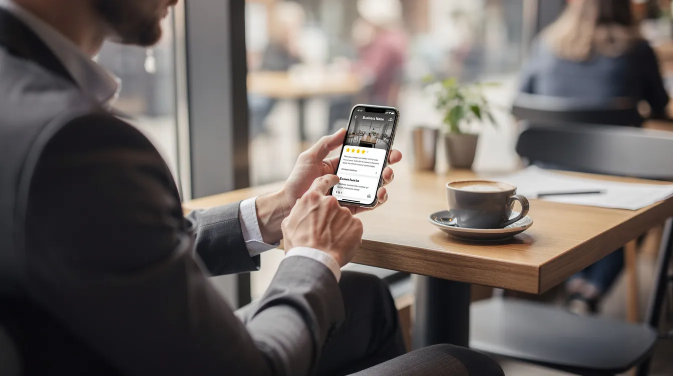 A person is sitting at a café table, scrolling through a business directory on their smartphone, exploring listings for local businesses, including women-owned brands and services. The scene captures the essence of community and support for small business owners while enjoying a casual café atmosphere.