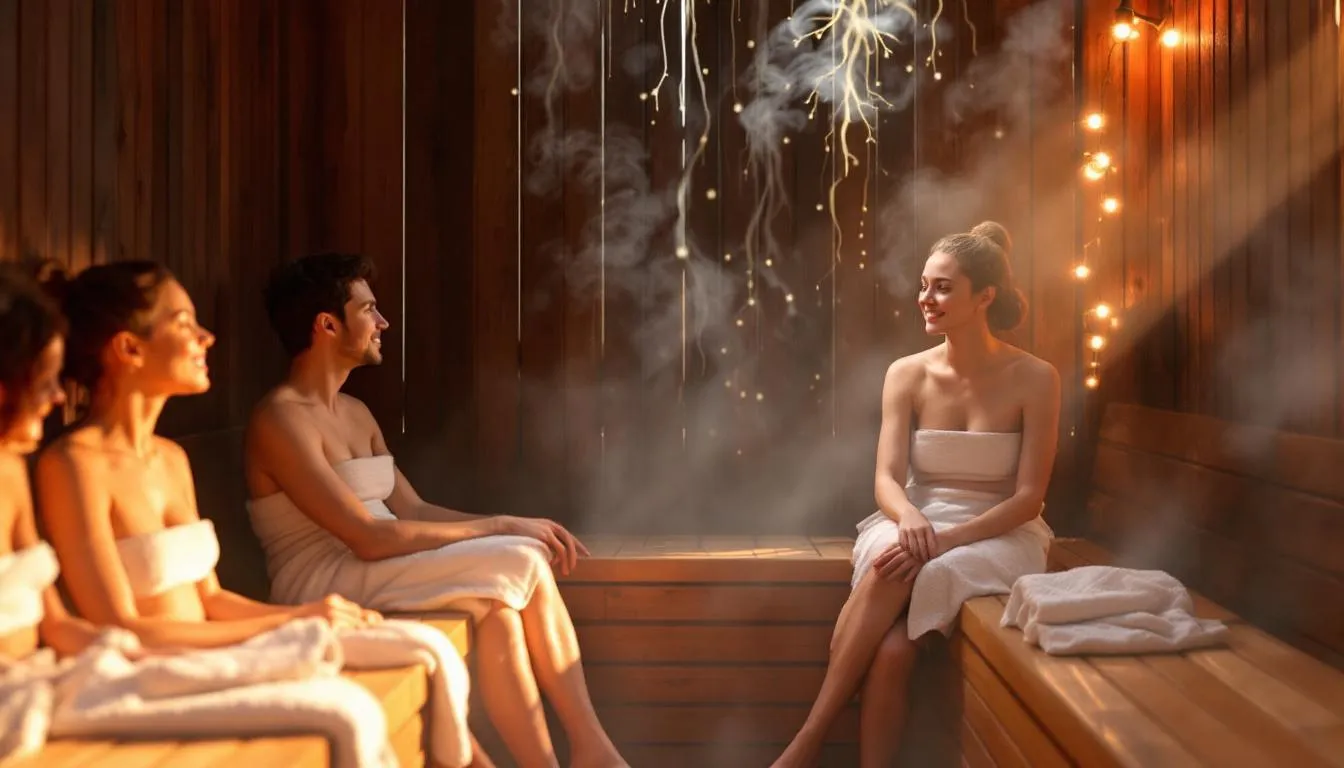 A group of people enjoying a sauna session, illustrating the benefits of regular sauna use on immunity.