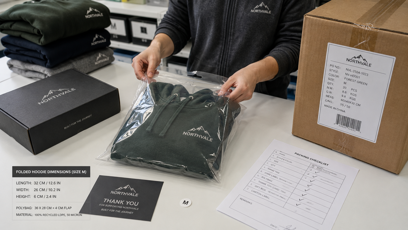 Custom hoodie order preparation including packaging, labeling, quality inspection, and shipping checks