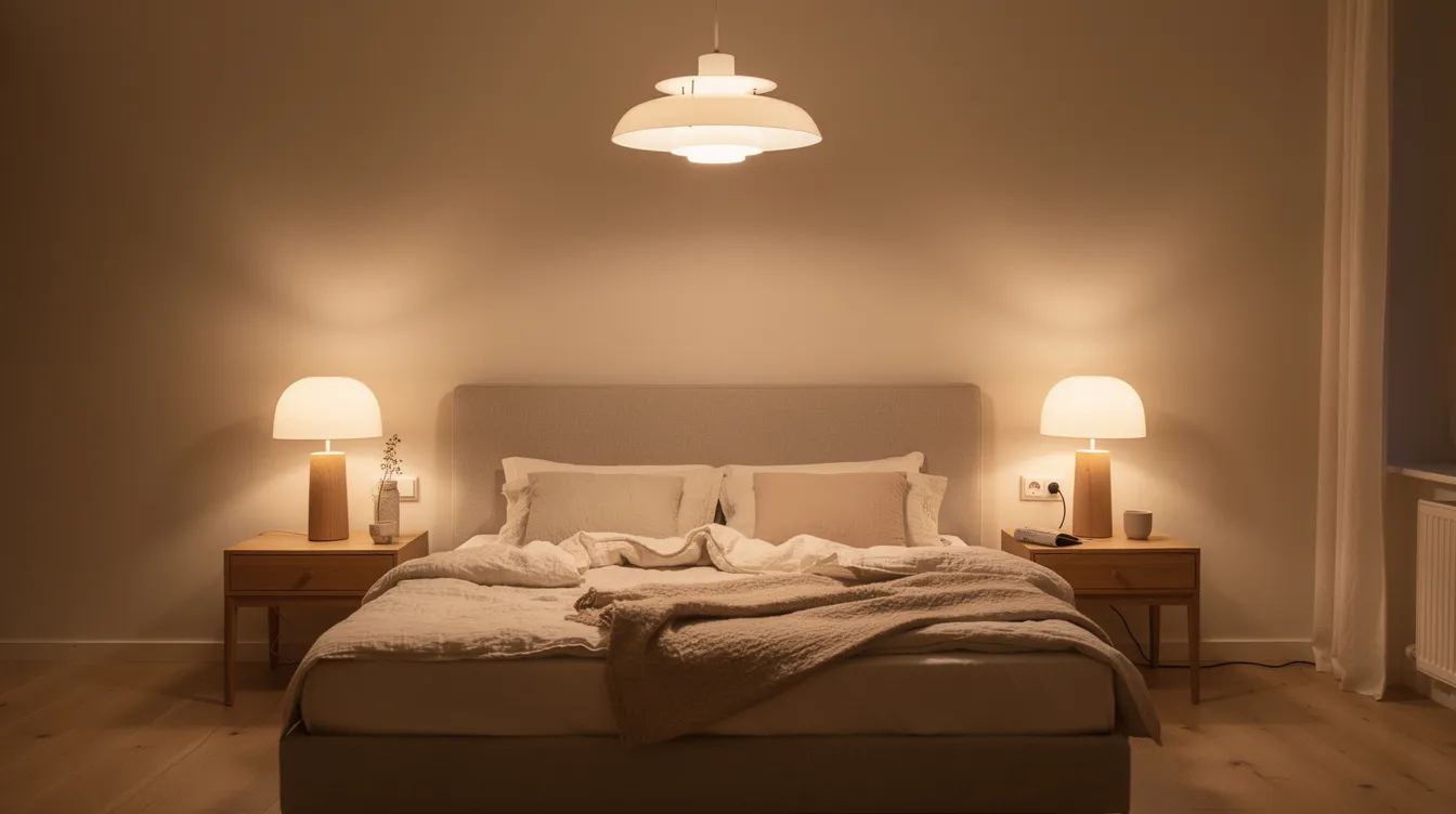 Ett sovrum med varm belysning som kommer från en stilren taklampa och två symmetriska sänglampor, vilket skapar en mysig och inbjudande stämning i rummet. Lamporna kombinerar både funktion och design, vilket gör att de passar perfekt i hemmet.