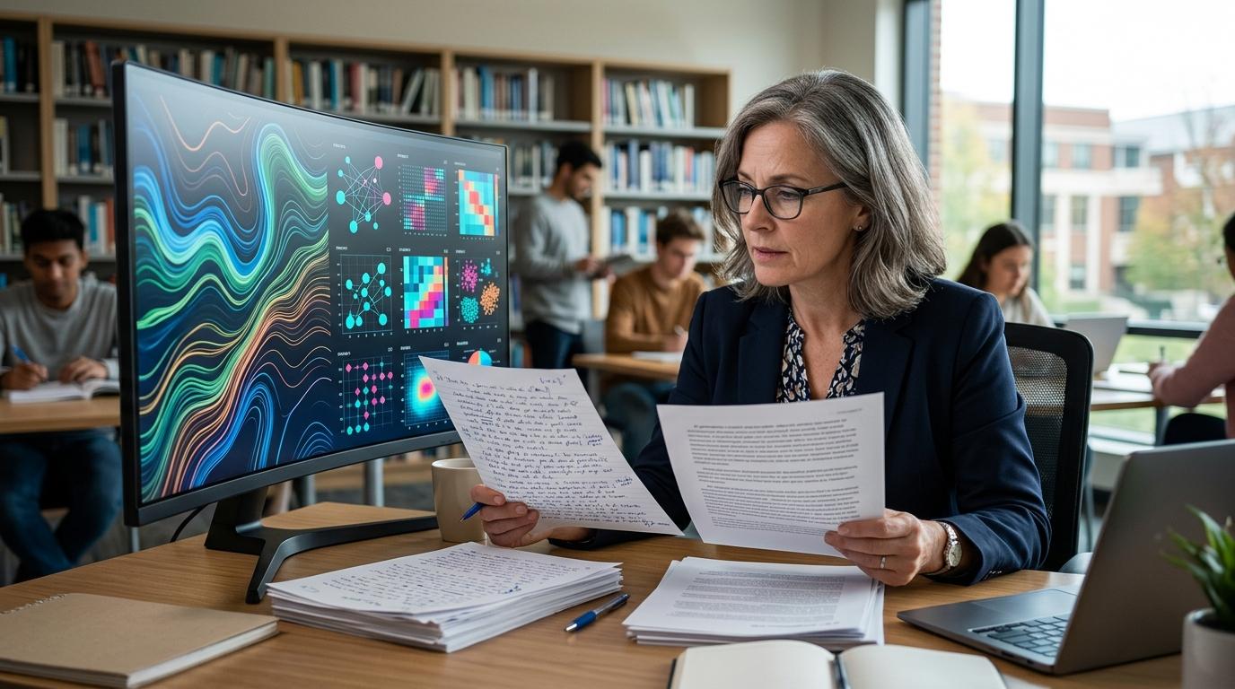 Modern academic workspace showing an educator comparing AI-generated and human-written documents using advanced AI analysis represented by abstract digital patterns.