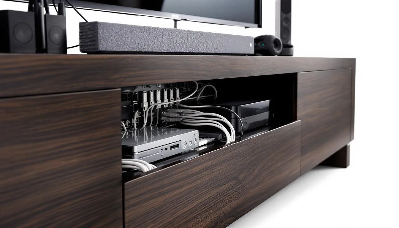 A close-up view of an entertainment unit showcasing its cable management system and various storage compartments, highlighting the quality furniture design. This detailed image emphasises the TV unit's organisation and functionality, making it perfect for maintaining a tidy living space.