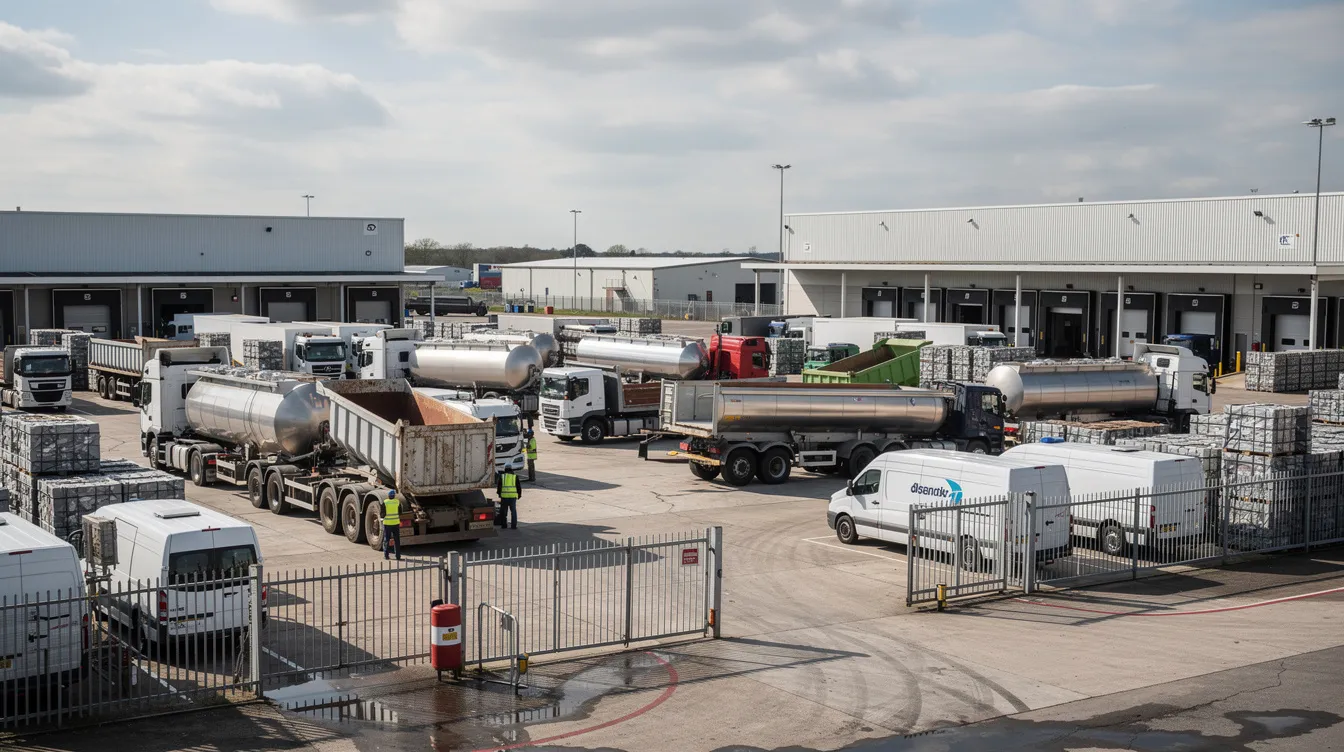 The image depicts a transport yard bustling with various commercial vehicles, including tankers, tippers, and delivery vans, all lined up and ready for operations in the transportation industry. This scene highlights the essential role of these vehicles in logistics and freight services, showcasing a thriving transport business environment.