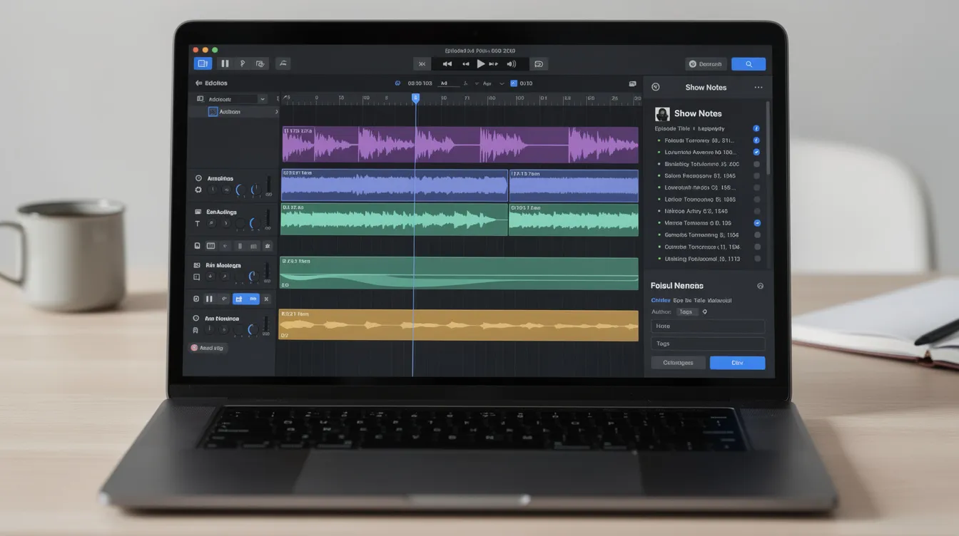 A close-up view of a laptop screen displays a podcast episode editor featuring show notes, timestamps, and metadata fields, essential tools for podcasters using a podcast hosting platform to manage and publish their episodes. The interface suggests a focus on organization and efficiency, key for creating a successful podcast. A close-up view of a laptop screen displays a podcast episode editor featuring show notes, timestamps, and metadata fields, essential tools for podcasters using a podcast hosting platform to manage and publish their episodes. The interface suggests a focus on organization and efficiency, key for creating a successful podcast.