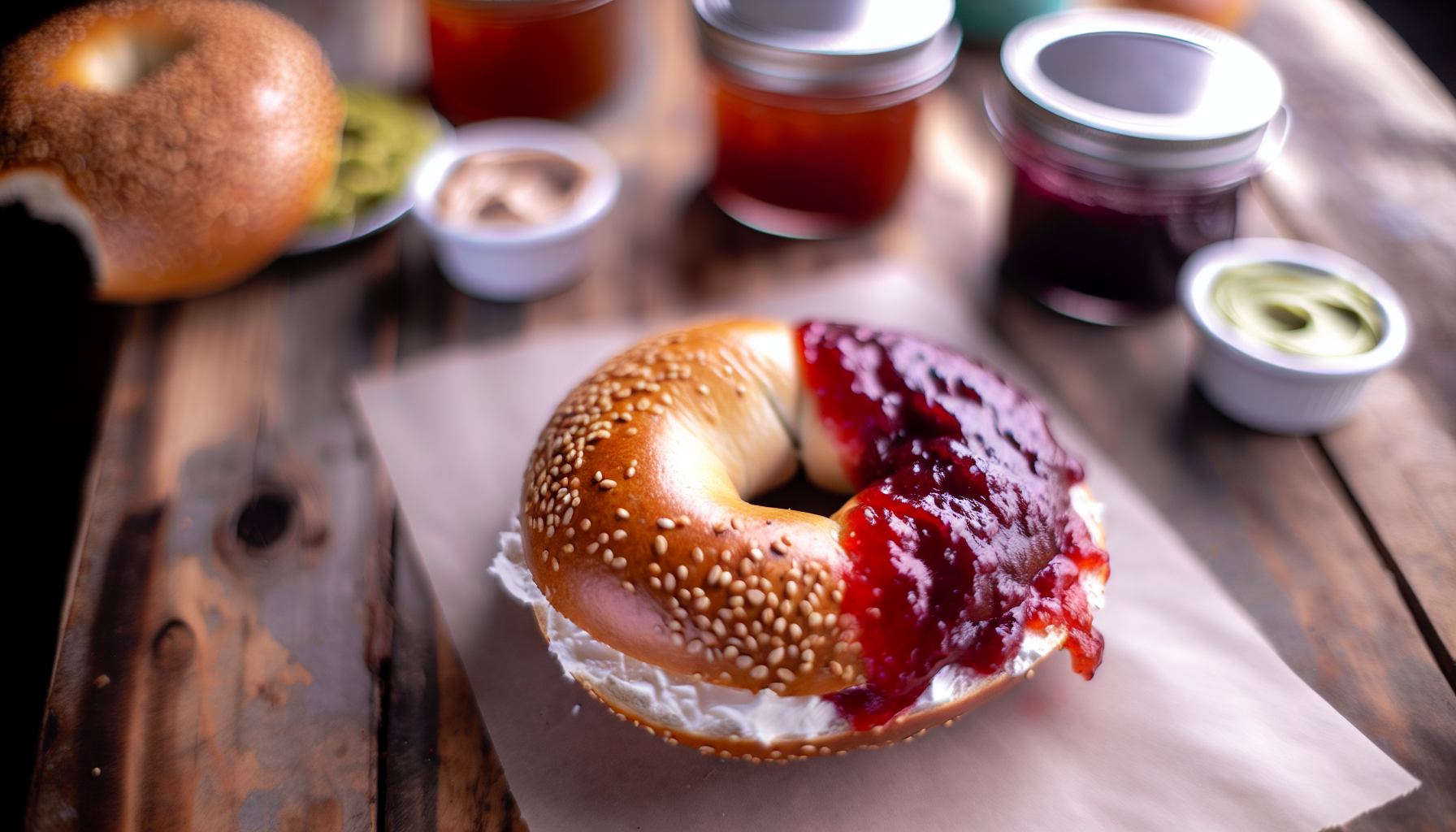 Delicious bagel with assorted spreads